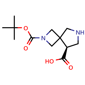 Chemical structure of (5S)-2-tert-butoxycarbonyl-2,7-diazaspiro[3.4]octane-5-carboxylic acid , CAS 2813308-39-1, AChemBlock V154847