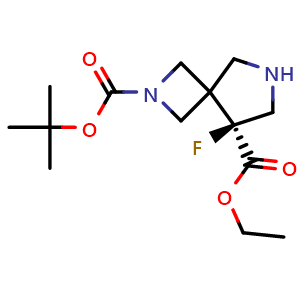 Chemical structure of O2-tert-butyl O5-ethyl (5S)-5-fluoro-2,7-diazaspiro[3.4]octane-2,5-dicarboxylate , CAS 2920198-51-0, AChemBlock V154875