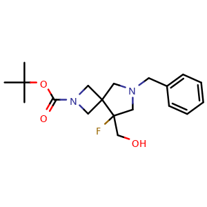 Chemical structure of tert-butyl 7-benzyl-5-fluoro-5-(hydroxymethyl)-2,7-diazaspiro[3.4]octane-2-carboxylate , CAS 2920425-15-4, AChemBlock V154880