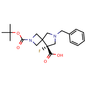 Chemical structure of (5R)-7-benzyl-2-tert-butoxycarbonyl-5-fluoro-2,7-diazaspiro[3.4]octane-5-carboxylic acid , CAS 2920197-57-3, AChemBlock V154884