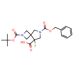 Chemical structure of 6-benzyloxycarbonyl-2-tert-butoxycarbonyl-8-fluoro-2,6-diazaspiro[3.4]octane-8-carboxylic acid , CAS 2770554-24-8, AChemBlock V154885