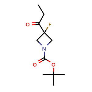 Chemical structure of tert-butyl 3-fluoro-3-propanoyl-azetidine-1-carboxylate , CAS 2708281-19-8, AChemBlock V155005
