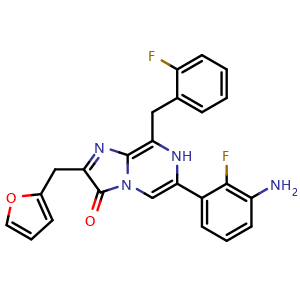Chemical structure of 6-(3-Amino-2-fluorophenyl)-8-(2-fluorobenzyl)-2-(furan-2-ylmethyl)imidazo(1,2-a)pyrazin-3(7H)-one , CAS 2412089-96-2, AChemBlock V155040