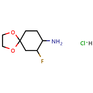 Chemical structure of 7-fluoro-1,4-dioxa-spiro[4.5]dec-8-ylamine hydrochloride , AChemBlock V155063