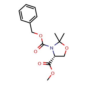Chemical structure of (4r)-2,2-dimethyl-oxazolidine-3,4-dicarboxylic acid 3-benzyl ester 4-methyl ester , CAS 133464-35-4, AChemBlock V155074