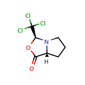 Chemical structure of (3S,7aR)-3-Trichloromethyl-tetrahydro-pyrrolo[1,2-c]oxazol-1-one , CAS 1330286-50-4, AChemBlock V155082