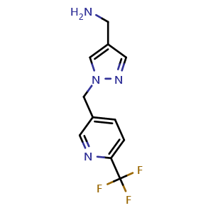 Chemical structure of (1-((6-(trifluoromethyl)pyridin-3-yl)methyl)-1H-pyrazol-4-yl)methanamine , CAS 2379585-93-8, AChemBlock V155121