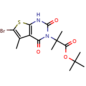 Chemical structure of tert-butyl 2-(6-bromo-5-methyl-2,4-dioxo-1,4-dihydrothieno[2,3-d]pyrimidin-3(2H)-yl)-2-methylpropanoate , CAS 1434643-33-0, AChemBlock V155146
