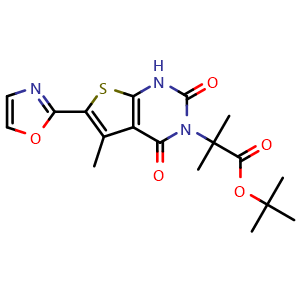 Chemical structure of tert-butyl 2-methyl-2-(5-methyl-6-(oxazol-2-yl)-2,4-dioxo-1,2-dihydrothieno[2,3-d]pyrimidin-3(4H)-yl)propanoate , CAS 2131091-31-9, AChemBlock V155147