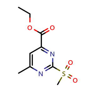 Chemical structure of 6-methyl-2-(methylsulfonyl)-4-pyrimidinecarboxylic acid ethyl ester , CAS 2111321-85-6, AChemBlock V155265