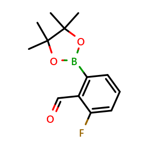Chemical structure of 2-fluoro-6-(4,4,5,5-tetramethyl-1,3,2-dioxaborolan-2-yl)benzaldehyde , CAS 1246633-35-1, AChemBlock V155616