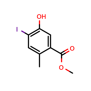 Chemical structure of methyl 5-hydroxy-4-iodo-2-methylbenzoate , CAS 2385061-81-2, AChemBlock V156045