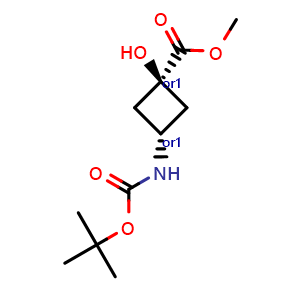 Chemical structure of methyl trans-3-(tert-butoxycarbonylamino)-1-hydroxy-cyclobutanecarboxylate , CAS 2920423-82-9, AChemBlock V156392