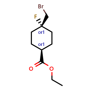 Chemical structure of ethyl cis-4-(bromomethyl)-4-fluoro-cyclohexanecarboxylate , CAS 2592399-35-2, AChemBlock V156443