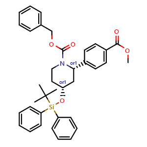 Chemical structure of benzyl cis-4-[tert-butyl(diphenyl)silyl]oxy-2-(4-methoxycarbonylphenyl)piperidine-1-carboxylate , CAS 2740461-20-3, AChemBlock V156497