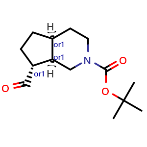 Chemical structure of tert-butyl rel-(4aS,7R,7aR)-7-formyl-1,3,4,4a,5,6,7,7a-octahydrocyclopenta[c]pyridine-2-carboxylate , AChemBlock V156506