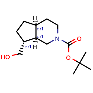 Chemical structure of tert-butyl rel-(4aS,7R,7aR)-7-(hydroxymethyl)-1,3,4,4a,5,6,7,7a-octahydrocyclopenta[c]pyridine-2-carboxylate , AChemBlock V156508