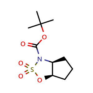 Chemical structure of tert-butyl (3aS,6aR)-2,2-dioxo-4,5,6,6a-tetrahydro-3aH-cyclopenta[d]oxathiazole-3-carboxylate , CAS 2145122-45-6, AChemBlock V156552