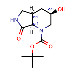 Chemical structure of tert-butyl rel-(3R,4aR,7aR)-3-hydroxy-7-oxo-3,4,4a,5,6,7a-hexahydro-2H-pyrrolo[3,4-b]pyridine-1-carboxylate , AChemBlock V156560