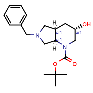 Chemical structure of tert-butyl rel-(3S,4aR,7aR)-6-benzyl-3-hydroxy-3,4,4a,5,7,7a-hexahydro-2H-pyrrolo[3,4-b]pyridine-1-carboxylate , CAS 2940872-25-1, AChemBlock V156562