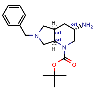 Chemical structure of tert-butyl rel-(3S,4aR,7aR)-3-amino-6-benzyl-3,4,4a,5,7,7a-hexahydro-2H-pyrrolo[3,4-b]pyridine-1-carboxylate , CAS 2940879-11-6, AChemBlock V156564