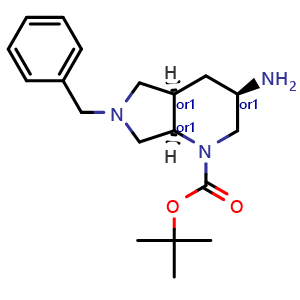 Chemical structure of tert-butyl rel-(3R,4aR,7aR)-3-amino-6-benzyl-3,4,4a,5,7,7a-hexahydro-2H-pyrrolo[3,4-b]pyridine-1-carboxylate , CAS 2940876-21-9, AChemBlock V156565