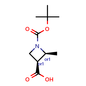 Chemical structure of cis-1-tert-butoxycarbonyl-2-methyl-azetidine-3-carboxylic acid , CAS 2920399-01-3, AChemBlock V156591