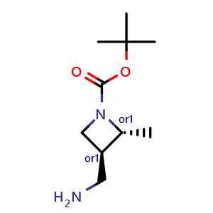 Chemical structure of tert-butyl trans-3-(aminomethyl)-2-methyl-azetidine-1-carboxylate , AChemBlock V156592