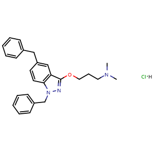Chemical structure of [3-(1,5-dibenzyl-1H-indazol-3-yloxy)-propyl]-dimethyl-amine hydrochloride , CAS 1797879-37-8, AChemBlock V156605