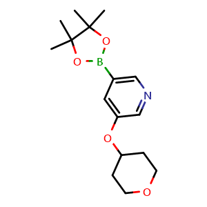 Chemical structure of 3-((tetrahydro-2H-pyran-4-yl)oxy)-5-(4,4,5,5-tetramethyl-1,3,2-dioxaborolan-2-yl)pyridine , CAS 1105663-72-6, AChemBlock V156640