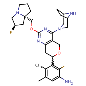 Chemical structure of 3-(4-((1R,5S)-3,8-diazabicyclo[3.2.1]octan-3-yl)-2-(((2R,7aS)-2-fluorotetrahydro-1H-pyrrolizin-7a(5H)-yl)methoxy)-7,8-dihydro-5H-pyrano[4,3-d]pyrimidin-7-yl)-2-fluoro-5-methyl-4-(trifluoromethyl)aniline , CAS 2812577-21-0, AChemBlock V156660