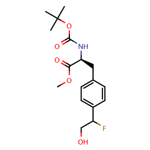 Chemical structure of methyl (2S)-2-((tert-butoxycarbonyl)amino)-3-(4-(1-fluoro-2-hydroxyethyl)phenyl)propanoate , CAS 2070936-63-7, AChemBlock V156687