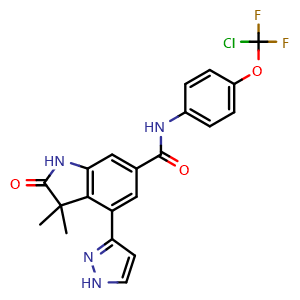 Chemical structure of N-(4-(chlorodifluoromethoxy)phenyl)-3,3-dimethyl-2-oxo-4-(1H-pyrazol-3-yl)indoline-6-carboxamide , CAS 2606946-40-9, AChemBlock V156688