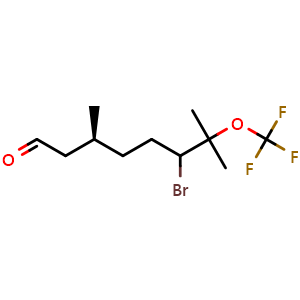 Chemical structure of (3S)-6-bromo-3,7-dimethyl-7-(trifluoromethoxy)octanal , CAS 2070902-63-3, AChemBlock V156735