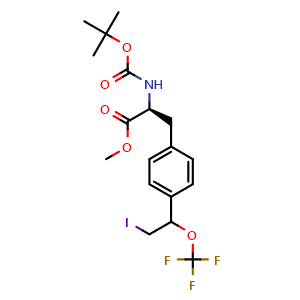Chemical structure of methyl (2S)-2-((tert-butoxycarbonyl)amino)-3-(4-(2-iodo-1-(trifluoromethoxy)ethyl)phenyl)propanoate , CAS 2410565-73-8, AChemBlock V156766