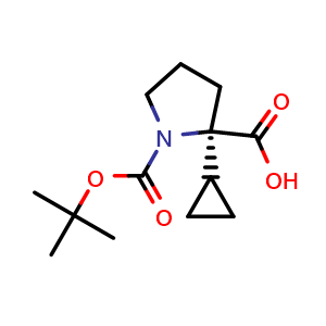 Chemical structure of (R)-1-(tert-butoxycarbonyl)-2-cyclopropylpyrrolidine-2-carboxylic acid , CAS 2136900-40-6, AChemBlock V156792
