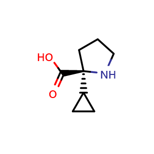 Chemical structure of (S)-2-cyclopropylpyrrolidine-2-carboxylic acid , CAS 2136235-08-8, AChemBlock V156797