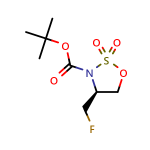 Chemical structure of tert-butyl (S)-4-(fluoromethyl)-1,2,3-oxathiazolidine-3-carboxylate 2,2-dioxide , CAS 2476762-40-8, AChemBlock V156838