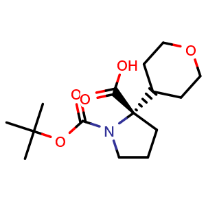 Chemical structure of (S)-1-(tert-butoxycarbonyl)-2-(tetrahydro-2H-pyran-4-yl)pyrrolidine-2-carboxylic acid , CAS 2136746-31-9, AChemBlock V156840
