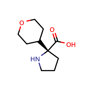 Chemical structure of (R)-2-(tetrahydro-2H-pyran-4-yl)pyrrolidine-2-carboxylic acid , CAS 2272708-93-5, AChemBlock V156852