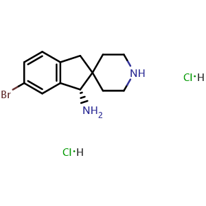 Chemical structure of (S)-6-bromo-1,3-dihydrospiro[indene-2,4'-piperidin]-1-amine dihydrochloride , CAS 2414483-52-4, AChemBlock V156883