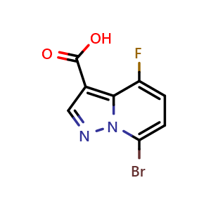 Chemical structure of 7-bromo-4-fluoropyrazolo[1,5-a]pyridine-3-carboxylic acid , CAS 2396750-30-2, AChemBlock V156967