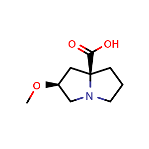 Chemical structure of (2S,7aS)-2-methoxytetrahydro-1H-pyrrolizine-7a(5H)-carboxylic acid , AChemBlock V157011