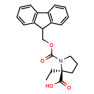 Chemical structure of (S)-1-(((9H-fluoren-9-yl)methoxy)carbonyl)-2-ethylpyrrolidine-2-carboxylic acid , CAS 2382168-95-6, AChemBlock V157075