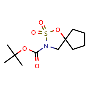 Chemical structure of tert-butyl 1-oxa-2-thia-3-azaspiro[4.4]nonane-3-carboxylate 2,2-dioxide , AChemBlock V157163