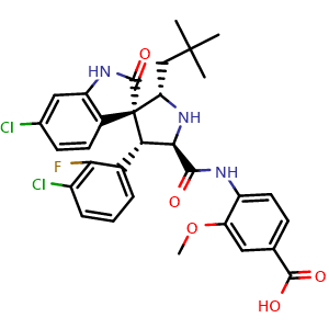 Chemical structure of 4-((2'S,3R,4'S,5'R)-6-chloro-4'-(3-chloro-2-fluorophenyl)-2'-neopentyl-2-oxospiro[indoline-3,3'-pyrrolidine]-5'-carboxamido)-3-methoxybenzoic acid , CAS 1419186-28-9, AChemBlock V157170