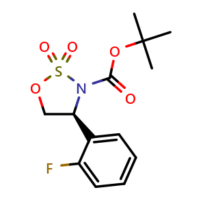 Chemical structure of tert-butyl (S)-4-(2-fluorophenyl)-1,2,3-oxathiazolidine-3-carboxylate 2,2-dioxide , AChemBlock V157267