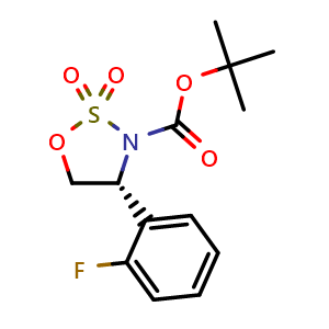 Chemical structure of tert-butyl (R)-4-(2-fluorophenyl)-1,2,3-oxathiazolidine-3-carboxylate 2,2-dioxide , AChemBlock V157268