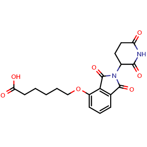 Chemical structure of 6-((2-(2,6-dioxopiperidin-3-yl)-1,3-dioxoisoindolin-4-yl)oxy)hexanoic acid , CAS 2087490-48-8, AChemBlock V157300