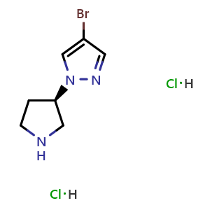 Chemical structure of (R)-4-bromo-1-(pyrrolidin-3-yl)-1H-pyrazole dihydrochloride , CAS 1428331-36-5, AChemBlock V157354